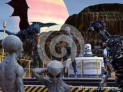 Illustration of an extraterrestrial standing and a woman standing on a mining platform talking to two gray aliens and a large Cartoon Illustration