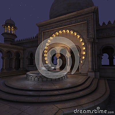 3d illustration of a fantasy place with arabic oder indian building at night Stock Photo