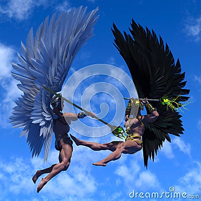 3D illustration of fantasy showing a couple of fighting male angel Cartoon Illustration