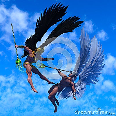 3D illustration of fantasy showing a couple of fighting male angel Cartoon Illustration