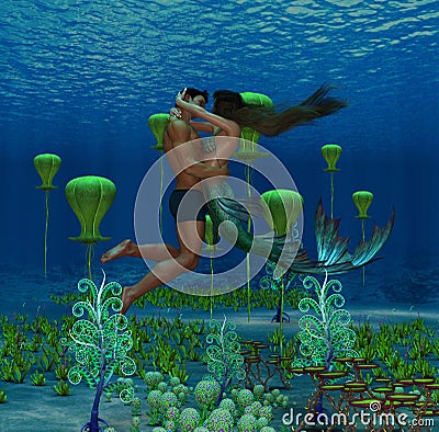 3D Illustration of fantasy showing mermaid and human lover embracing each other Cartoon Illustration