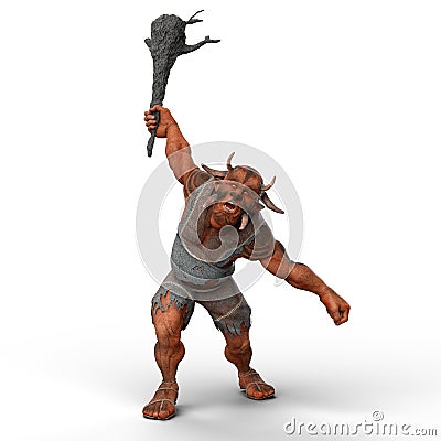 3D rendering of a fantasy Troll creature waving a large wooden club weapon isolated on a white background Cartoon Illustration