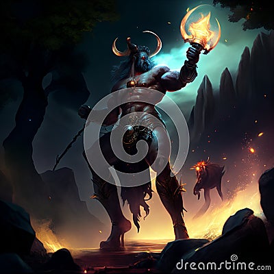 3d illustration of a fantasy warrior with horns holding a torch. Generative AI Cartoon Illustration
