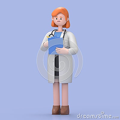 3D illustration of Female Doctor Nova holds blue clipboard. Professional caucasian male specialist. Cartoon Illustration