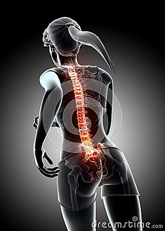 3d illustration - Female run and X-ray Spine position. Cartoon Illustration