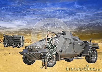 3D Illustration of Female Soldier Sitting on Military Vehicle Stock Photo