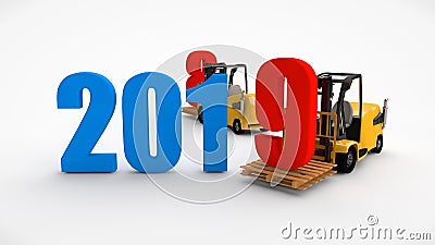 D illustration of a forklift that holds the date 2019 and takes away 2018 and 2020. Transportation time. Idea for calendar, 3D ren Cartoon Illustration