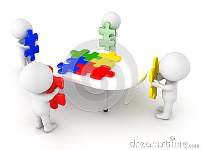 3D Illustration of four characters putting puzzle pieces on table Stock Photo