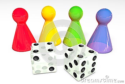 3d illustration: Four colored transparent plastic board game pieces with reflection and two white dice with black dots isolated on Cartoon Illustration