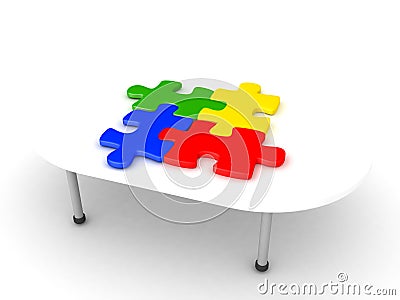 3D Illustration of four colorful matching puzzle pieces on a tab Stock Photo