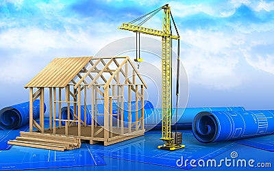 3d of frame house construction Cartoon Illustration