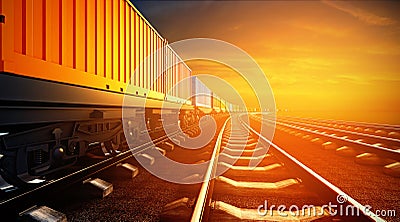 3d illustration of freight train with containers on platforms Cartoon Illustration