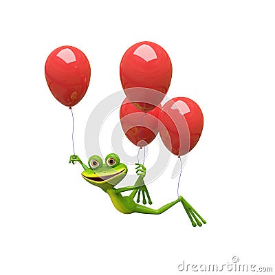 3D Illustration Frog Flies on Red Balloons Stock Photo