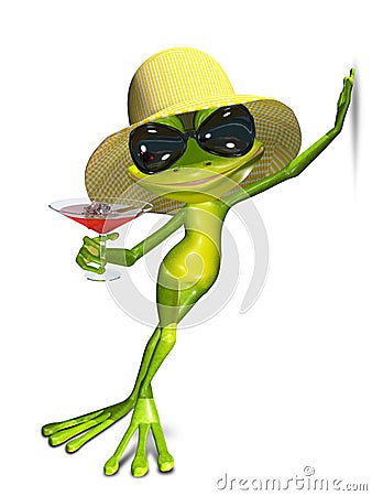 3d illustration of a frog hat and cocktail with ice Cartoon Illustration