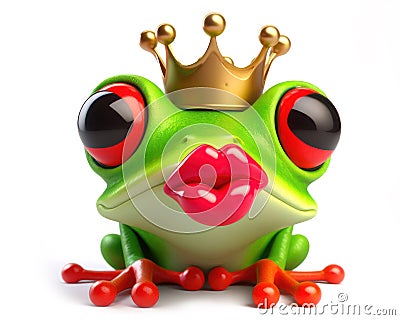 3d illustration of a funny red eyed tree frog with a crown waiting for a kiss Cartoon Illustration