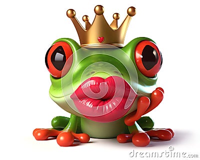 3d illustration of a funny red eyed tree frog with a crown waiting for a kiss on valentines day Cartoon Illustration