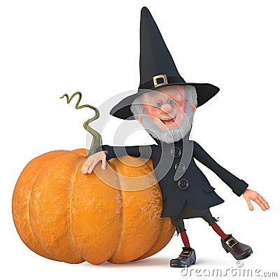 3d illustration funny wizard with pumpkin Cartoon Illustration