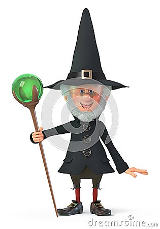 3d illustration funny wizard with staff Cartoon Illustration