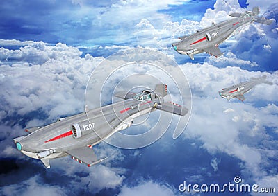 3D Illustration of Futuristic Aircraft Formation Stock Photo