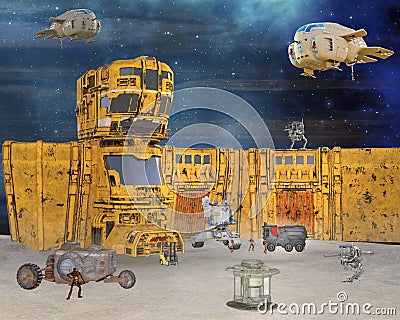 3D Illustration of Futuristic dystopian work camp manned by robotic cyber drones Stock Photo