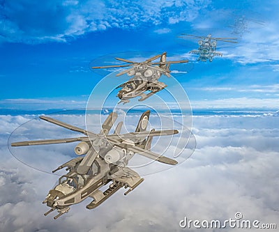 3D Illustration of a futuristic helicopter squadron Stock Photo