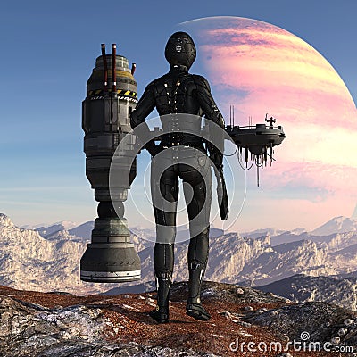 Illustration of a futuristic soldier standing on a mountaintop looking at a spaceship with a figure waving against an alien planet Cartoon Illustration