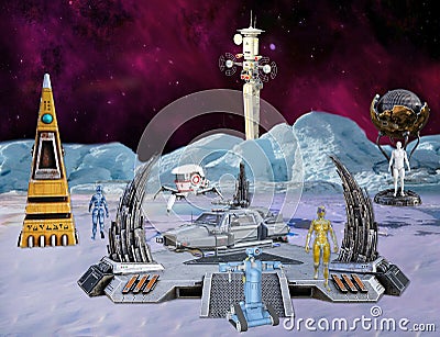 3D illustration of futuristic space base Inhabited with AI Robots Cartoon Illustration