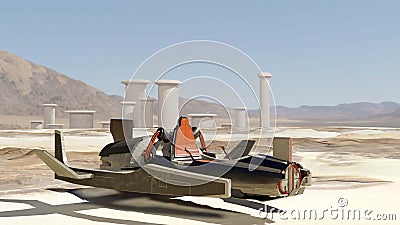 3d illustration of a futuristic speeder bike in a desert environment with a primitive city in the background - fantasy painting Cartoon Illustration