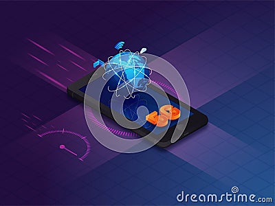 3D Illustration of 5G Worldwide Internet Network Connection on Smartphone for High-Speed Mobile. Stock Photo