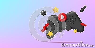 3d illustration of gamepad controller with buttons and dynamic play stars and dice cube, render style Vector Illustration