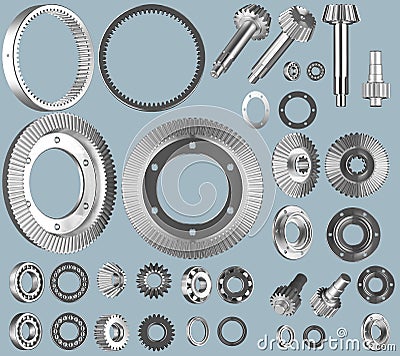 3d illustration of a gear system on a white background. Gears from different angles, isolated machine parts. Cartoon Illustration