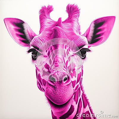 Magenta Giraffe Drawing By Adam Deacon - Hyper-realistic Portraiture Art Cartoon Illustration