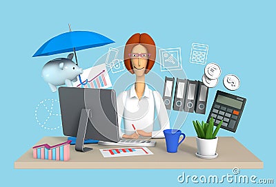 3d illustration. The girl is an accountant in the workplace Cartoon Illustration