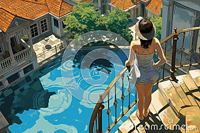 3d illustration of a girl on the balcony with a swimming pool, A tourist woman, seen from the rear, in a swimming pool, enjoys the Cartoon Illustration