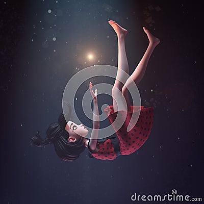 3d illustration of a girl in a retro dress falling down in deep space with stars. Young cartoon woman hovering in air. Cartoon Illustration
