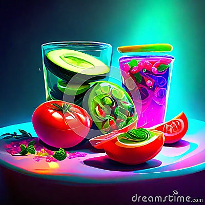 3d illustration of a glass of tomato juice and a bowl of vegetables generative AI Cartoon Illustration