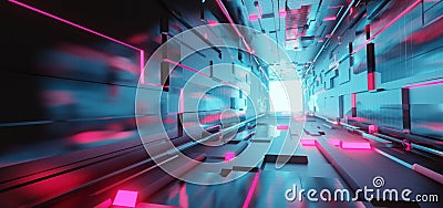 3d illustration of a glowing abstract science fiction hallway - digital 3d art Cartoon Illustration