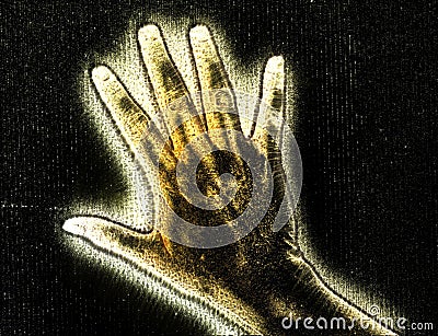 3D-Illustration of a glowing human female hand with a yellow kirlian aura showing different symbols Stock Photo