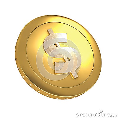 3D illustration of a gold dollar coin at a tilted angle. Coins in 3D representation Cartoon Illustration