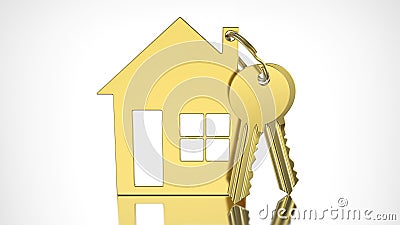 3D illustration gold key with keychain in the form of a small ho Cartoon Illustration