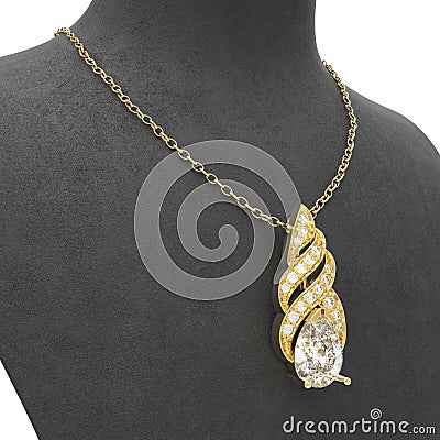 3D illustration gold necklace with diamonds on a black mannequin Cartoon Illustration