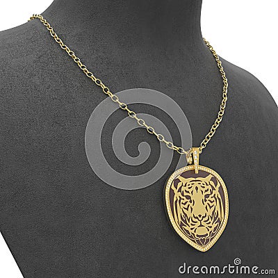 3D illustration gold necklace tiger with diamonds on a black man Cartoon Illustration