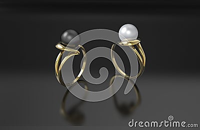 3d illustration gold rings with pearl Cartoon Illustration