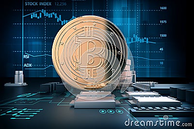 3d illustration of golden bitcoins on computer motherboard Cartoon Illustration
