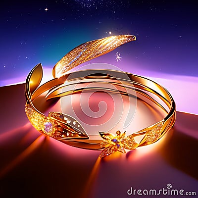 3d illustration of a golden bracelet with a crown on a purple background generative AI Cartoon Illustration