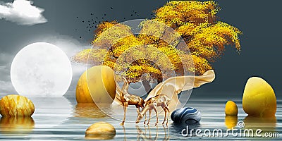 the golden deer on the mountain. Luxurious abstract art digital painting for wallpaper Cartoon Illustration