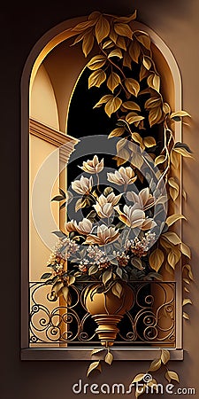 3d illustration of golden door with flowers in the vase. Cartoon Illustration
