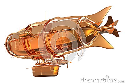 Golden Fantasy Airship Zeppelin Dirigible Balloon 3D illustration isolated on white Cartoon Illustration