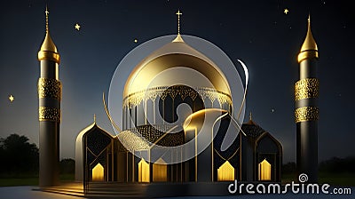 3d illustration of golden mosque at night. Ramadan Kareem background Cartoon Illustration