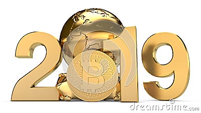 3D illustration of 2019 and the Golden planet Earth with bitcoin cryptocurrency coins. The idea for the calendar, a symbol of the Cartoon Illustration